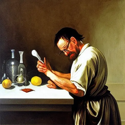 Image similar to Walter White cooking meth, oil painting by Caravaggio