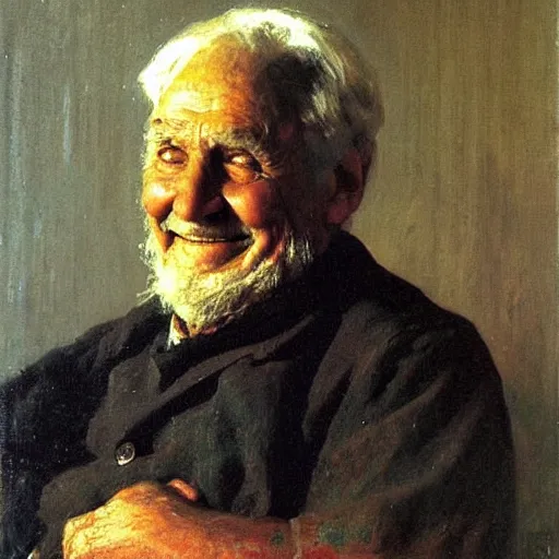 Prompt: Painting by Ilya Repin, portrait of an old smiling man