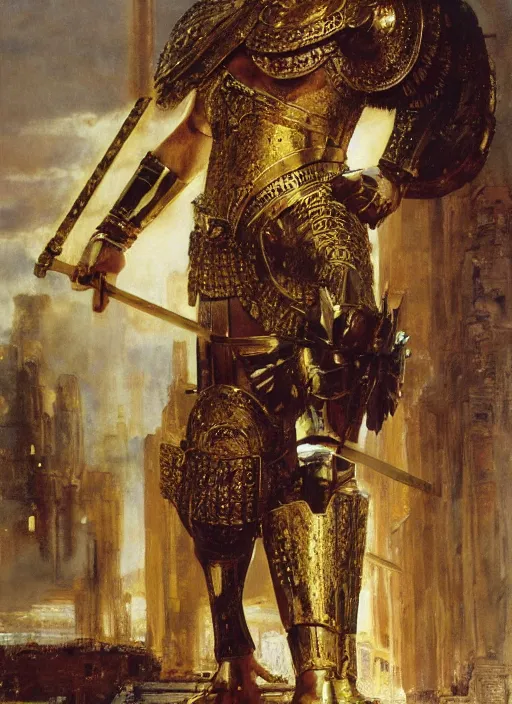 Image similar to a portrait of huge godlike achilles dressed in golden armour standing at the walls of troy, by john berkey and lawrence alma tadema and rick berry and norman rockwel