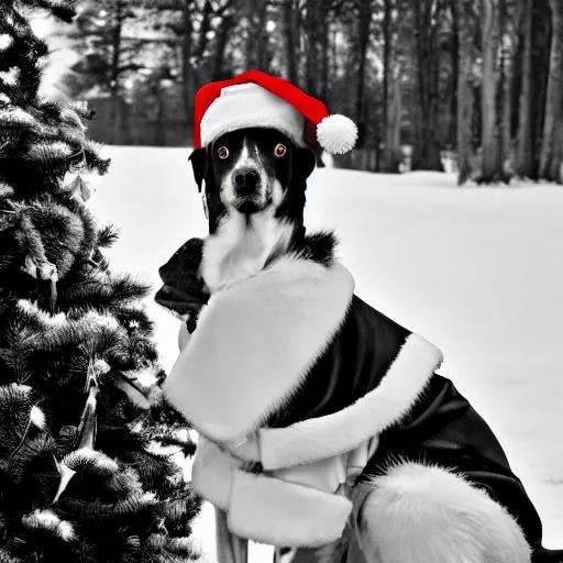 Prompt: santa's little helper dog as a real person, black and white photo