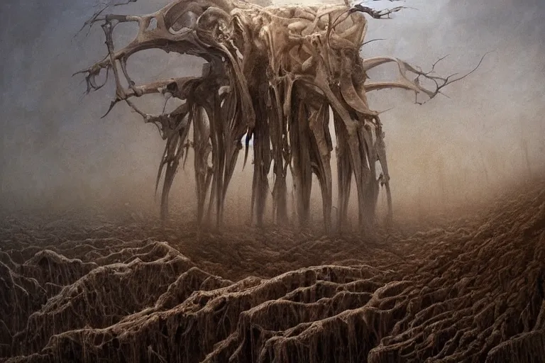 Image similar to amazing concept painting, by Jessica Rossier and HR giger and Beksinski, prophecy, hallucination, the middle of a valley; it was full of bones, bones that were very dry, there was a noise, a rattling sound, and the bones came together, bone to bone , I looked, and tendons and flesh appeared on them and skin covered them, but there was no breath in them and breath entered them, they came to life and stood up on their feet a vast army