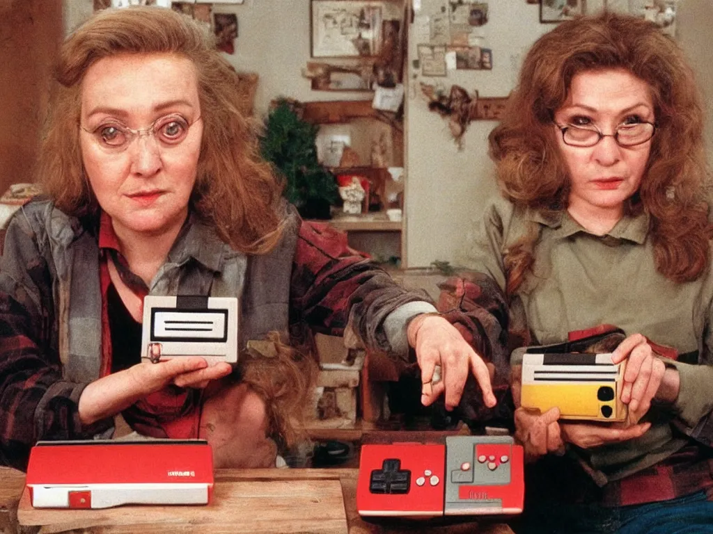 Prompt: log lady from twin peaks with a nes video game console