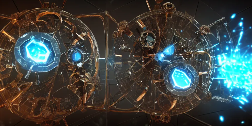 Image similar to a complex time crystal mechanism that can open portals to other dimensions, 4k octane render, detailed, extreme detail, cinematic, soft lighting, vfx