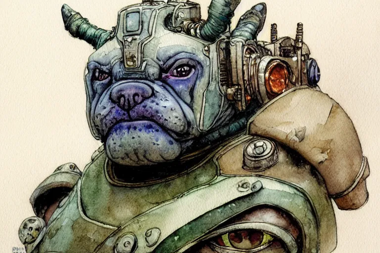 Image similar to a simple and atmospheric watercolour fantasy character concept art portrait of a mechanized android bulldog as a druidic warrior wizard looking at the camera with an intelligent gaze, very muted colors, by rebecca guay, michael kaluta, charles vess and jean moebius giraud