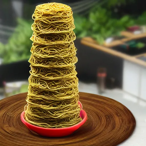 Image similar to indomie mi goreng noodles tower, marketplace, solarpunk, photo realistic, gourmet