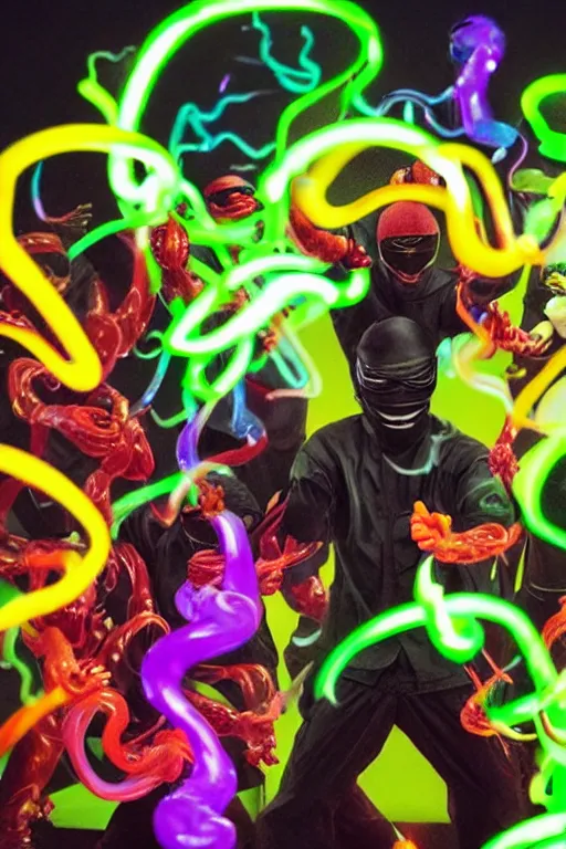 Prompt: a hyperrealistic portrait of ninjas opening a bottle of glowing worms and drinking fluorescent liquid , 8k