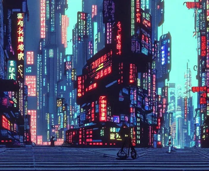 Image similar to cyberpunk street view, film still from japanese animated cyberpunk film Akira movie with art direction by Katsuhiro Otomo, wide lens