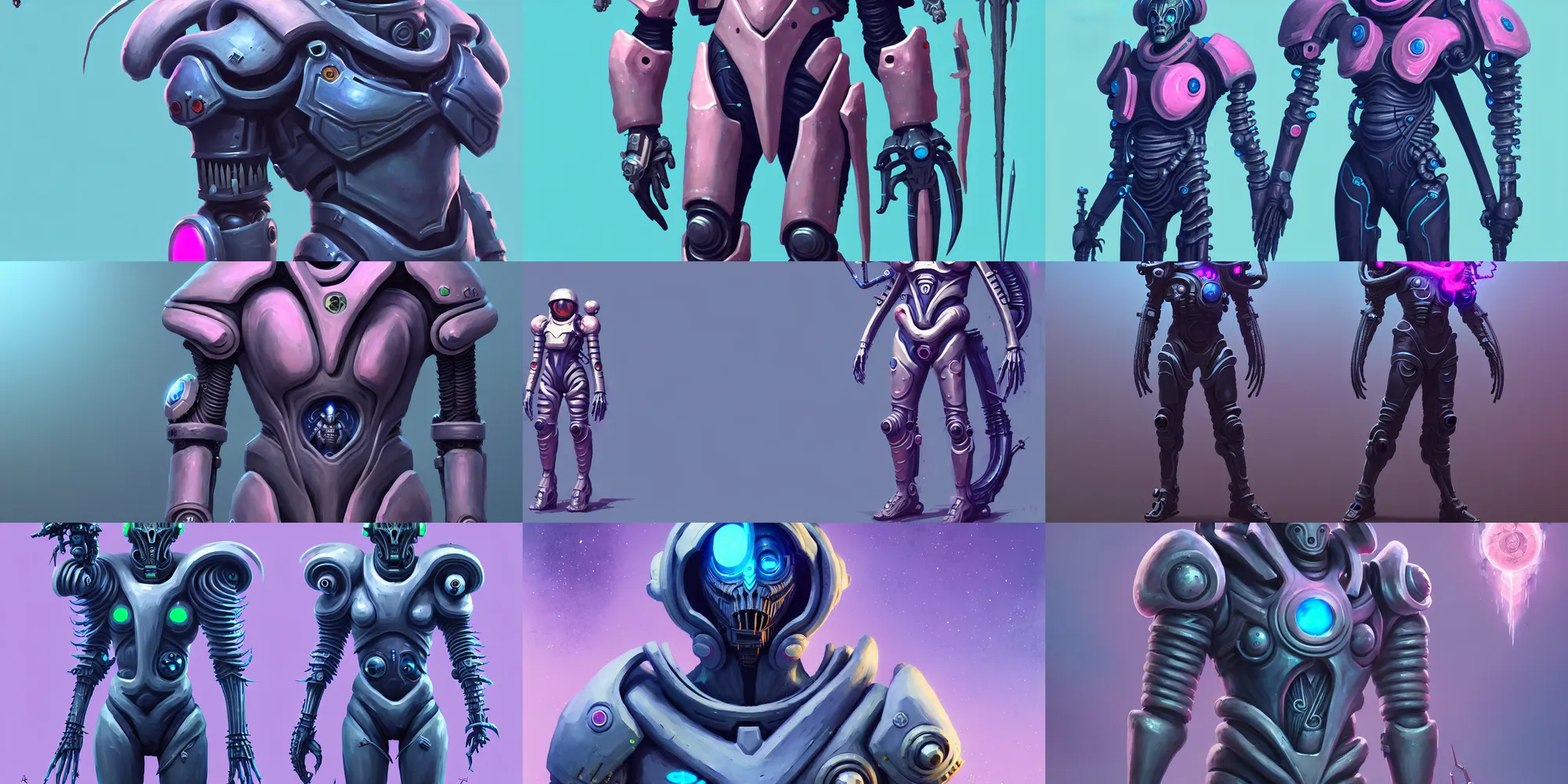 Prompt: game asset, epic male concept art character of a space suit, occult, scifi design, h. r giger, in gouache detailed paintings, props, stylized, 2 d sprites, kitbash, nature, organic, ivy, arcane, overwatch, blue and pink color scheme, 8 k, close up