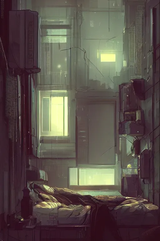 Prompt: apartment bedroom at night, by wlop. artstation contest winner. trending on artsation. cyberpunk. intricate detailed