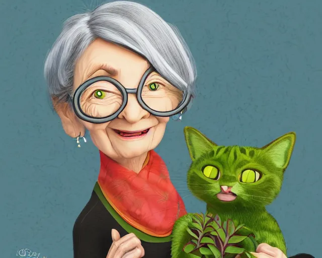 Image similar to detailed cartoon portrait of an old lady and her plant cat, pixar, sharp high quality