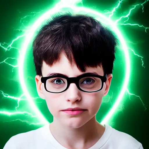 Prompt: boy thin face, black hair, green eyes, round glasses potter, scar on forehead as a bolt of lightning, hyper realistic face, beautiful eyes, photo portrait