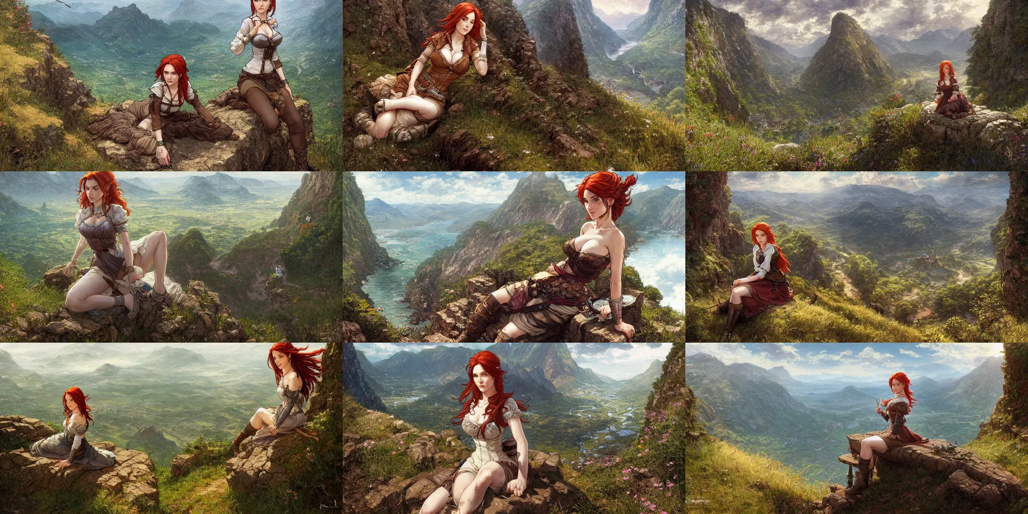 Prompt: alluring highly detailed manga line art wide-angle portrait of (1) Triss from the Witcher 3 sitting on the edge of a cliff overlooking a fantasy valley, very detailed, realistic, by Stanley Artgerm Lau, greg rutkowski, thomas kindkade, alphonse mucha, loish, norman rockwell J.