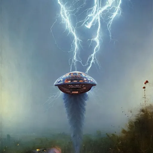 Image similar to a beautiful mothership stuck in the ground, the spaceship is on fire, smoke, rainstorm, lightning, angry, kinetic, john sargent, adolphe bouguereaum, norman rockwell, peter deligdisch, jama jurabaev, sachin teng, sergey kolesov, ruan jia, trending on artstation, highly detailed oil painting,