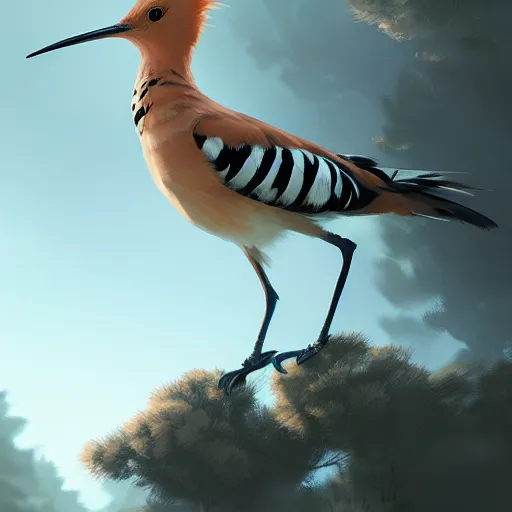 Prompt: hoopoe with open crest in avila pinewood, 4 k, concept art, by wlop, ilya kuvshinov, artgerm, krenz cushart, greg rutkowski, pixiv. cinematic dramatic atmosphere, sharp focus, volumetric lighting, cinematic lighting, studio quality