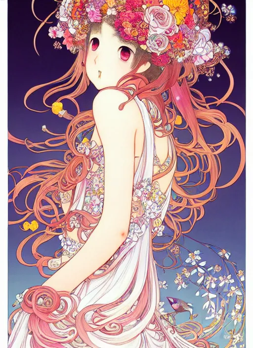 Image similar to exquisite imaginative manga poster of a girl, long wavy hair, flowers, rococo dress, pigeons, shimmering, by kojima ayami, shigenori soejima, minaba hideo, alphonse mucha, jump comics, shogakukan, art nouveau, illustration, artstation, highly detailed, 8 k, fluorescent, maximalist