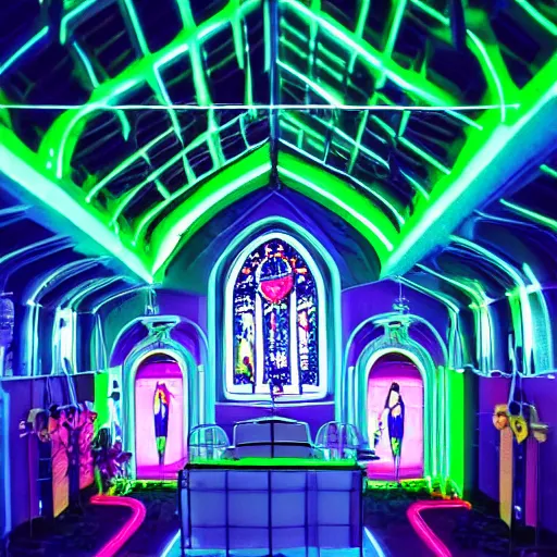 Prompt: cute quaint electric chapel with neon lights lining the roof of the church, a futuristic neon church, hyper detailed architecture, detailed image