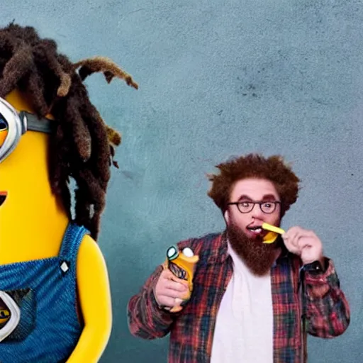 Prompt: seth rogan smoking weed with a minion dressed as bob marley