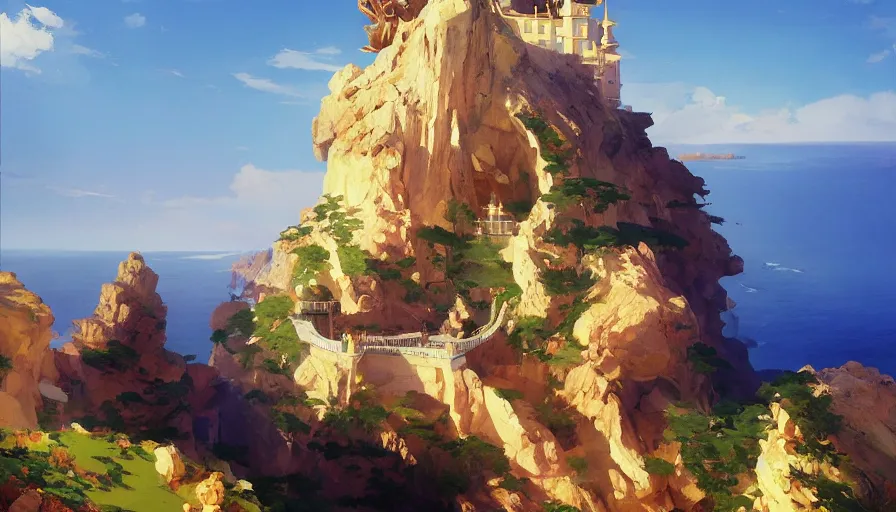 Image similar to MAGIC WIERD Royal CRYSTAL castle built OVER CLIFF, hyperdetailed, artstation, cgsociety,by studio ghibli painting,by Joaquin Sorolla rhads Leyendecker, by Ohara Koson and Thomas, 8k