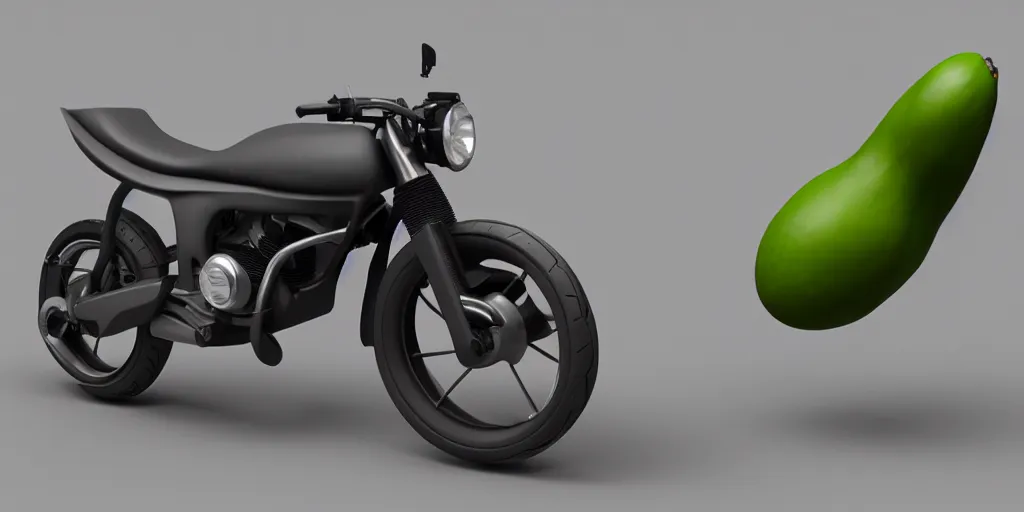 Image similar to a motorbike in the shape an avocado!, vehicle concept photo!!, 8k!!,amazing quality!!! Unreal engine 5!!! Studio lighting!!! Cinema 4D!! Parking garage lighting! Real life picture!!