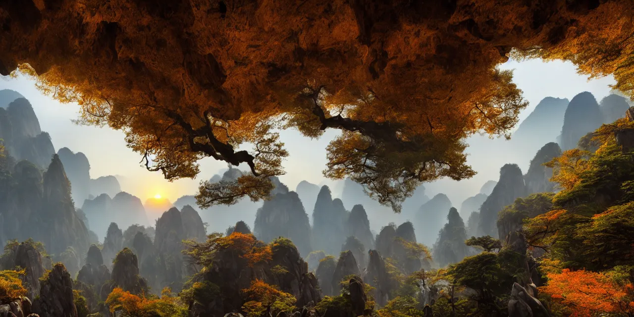 Image similar to huangshan with floating stones in zero gravity, without trees, karst pillars forest, taoist temples and monks, artwork by ansel adams, andreas rocha, artstation, scifi, hd, wide angle, view on the valley from inside a dark grotto, autumnal, sunset