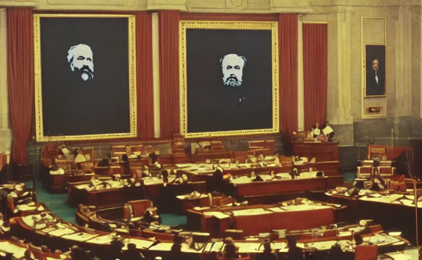 Prompt: 60s movie still of a stalinist style parlement with a giant painting of Karl Marx, by Irving Penn , cinestill 800t 35mm eastmancolor, heavy grainy picture, very detailed, high quality, 4k, HD criterion, precise texture, panoramic, cinematic