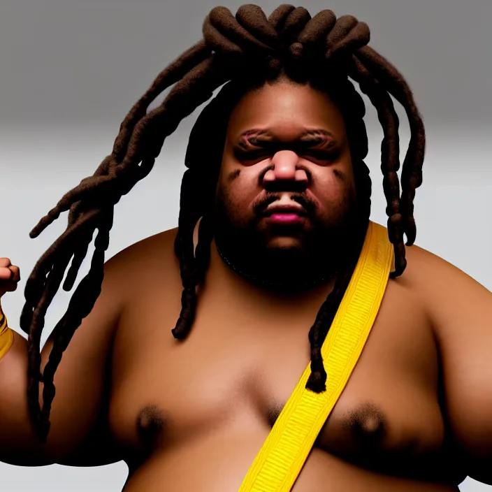 Image similar to hyperrealistic mixed media portrait of a moridly obese black man with dreads wearing a gi, doing martial arts, 8k octane beautifully detailed render, post-processing, extremely hyperdetailed, trending on artstation