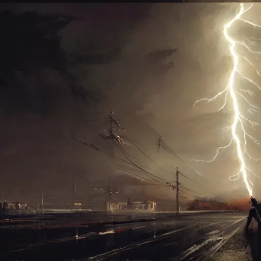 Image similar to lightning striking a telephone pole, dramatic lighting, illustration by Greg rutkowski, yoji shinkawa, 4k, digital art, concept art, trending on artstation