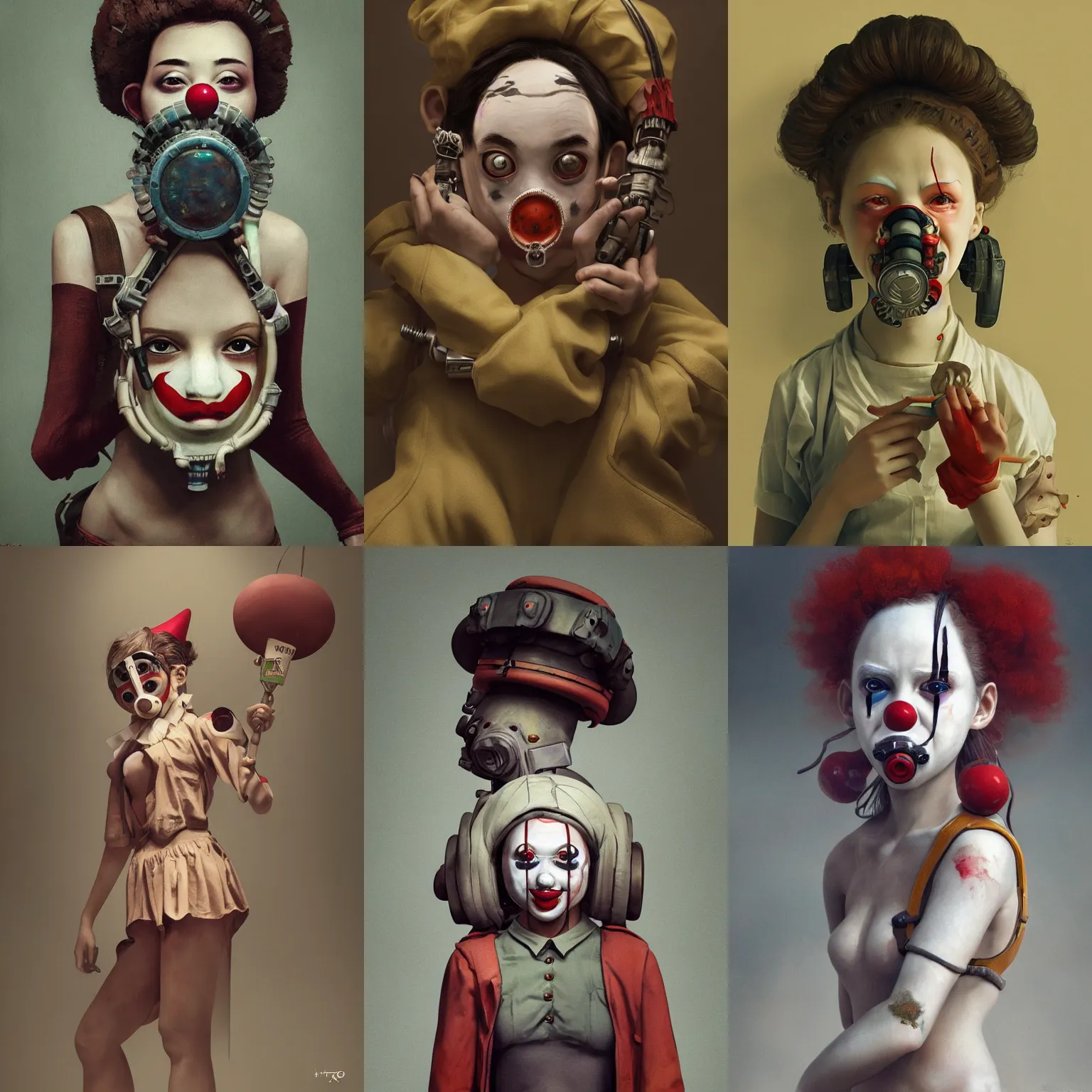 Prompt: breathtaking detailed painting of clown girl with antigas mask , with anxious, piercing eyes, art by Hsiao-Ron Cheng, Ja Miyazaki, extremely moody lighting, hyperrealistic, octane render, ambient light, dynamic lighting