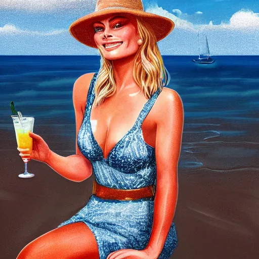 Image similar to a portrait of margot robbie holding a coctail on the beach, beautiful face, highly detailed, digital art