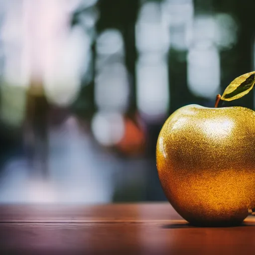 Image similar to high quality presentation photo of a golden apple, photography 4k, f1.8 anamorphic, bokeh, 4k, Canon, Nikon