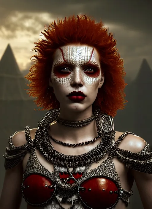 Image similar to a single fierce looking beautiful young woman with curly red hair and symmetrical white makeup, wrapped in chainmail, wearing an intricate headdress made from bones and leather, painted by turner, intricate linework, unreal engine 5 highly rendered, global illumination, radiant light, detailed and intricate environment