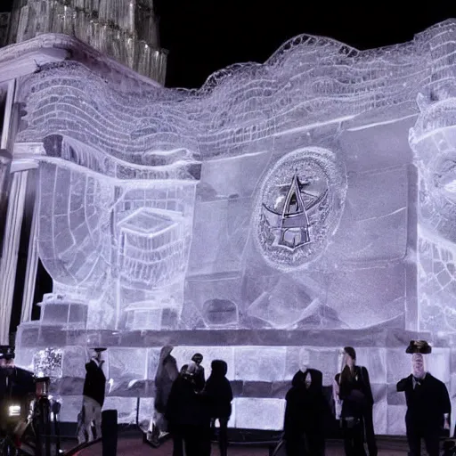 Image similar to photograph of the 2 0 foot high elaborate occult masonic illuminati ice sculpture from lady gaga's presidential funeral