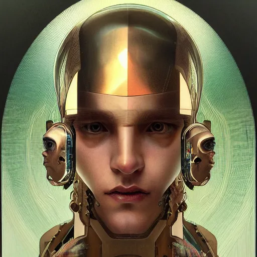 Image similar to portrait of a male android, coy, circuitry visible in head, in the style of ex machina, karol bak, alphonse mucha, greg rutkowski, award winning, hr giger, artstation