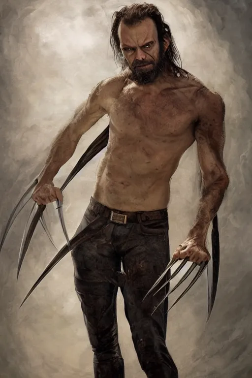 Image similar to a full body high detail fantasy portrait oil painting illustration of a Hugo Weaving as Wolverine by Justin Sweet with face and body clearly visible, in a scenic background, pupils visible, realistic proportions, artstation trending, high quality, sombre mood, artstation trending, muted colours, no crop, entire person visible!, natural light, dusty, Adobe Photoshop, Adobe Lightroom, photolab, Affinity Photo,