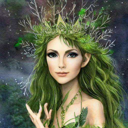 Prompt: heavenly beautiful elven queen with a leaf crown, hints of silver jewelry, overgrown, full body, forest background, elegant, intricate detail, dramatic lighting, mist, green aura, 8k watercolor,