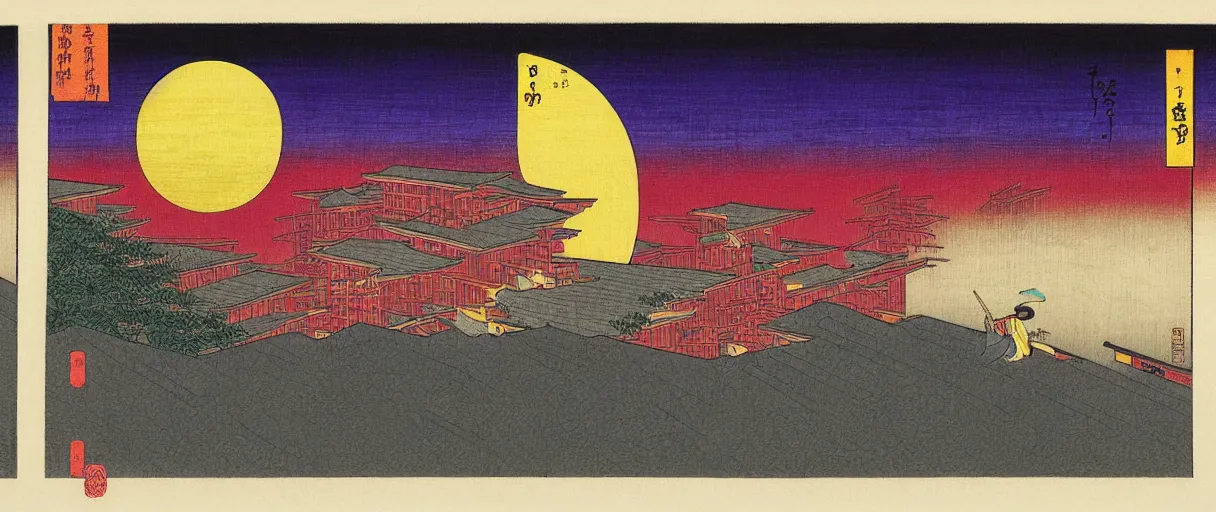 Image similar to a Ninja secretly jumping from one rooftop to another at night, purple sky, yellow moon, highly detailed ukiyoe by Utagawa Hiroshige