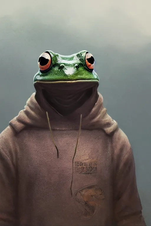 Image similar to a portrait of a frog in a hoody by Greg Rutkowski, Sung Choi, Mitchell Mohrhauser, Maciej Kuciara, Johnson Ting, Maxim Verehin, Peter Konig, Bloodborne , 8k photorealistic, cinematic lighting, HD, high details, atmospheric , trending on artstation