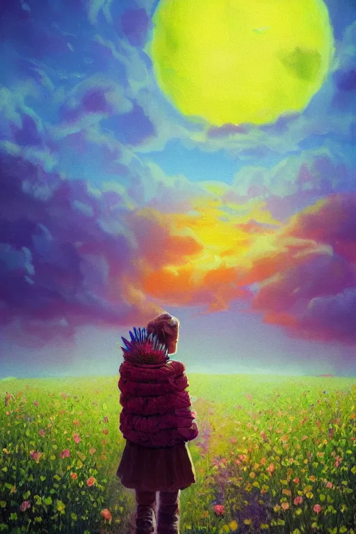 Prompt: giant corn flower head, girl walking on the moon, surreal photography, sunrise, dramatic light, impressionist painting, colorful clouds, digital painting, artstation, simon stalenhag