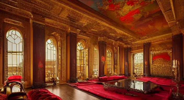 Image similar to 35mm photo of a interior view of Underwater palace, majestic interior design, red colors, Rustic-interior-lighting, skyline-view, majestic-design, serene, style of Regency, 4k, professional photography, wide-perspective, grand-composition, concept-art, highly-detailed, sublime, dramatic, cinematic