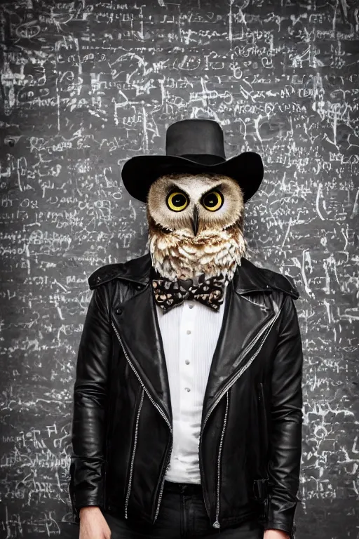 Prompt: one charming looking owl wearing black biker jacket, portrait photo, backlit, wall with graffiti, studio photo, suit, bow tie, tophat, tophat