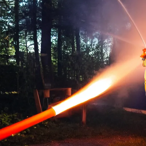 Prompt: photo of a clown using a flamethrower projecting a long bright flame towards a house fire