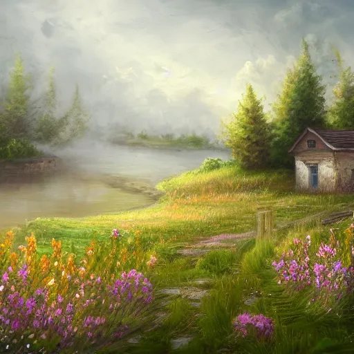 Image similar to a matte painting of a prairie, cottage close up, river, foggy, patchy flowers, oil painting, pale colors, high detail, 8 k, wide angle, trending on artstation,