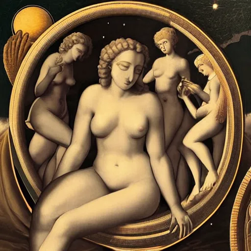 Image similar to the print shows venus seated on a crescent moon. she is surrounded by the goddesses ceres and bacchus, who are both holding cornucopias. pale by nagel patrick, by marco mazzoni, by miriam schapiro apocalyptic, rendered in unrealengine