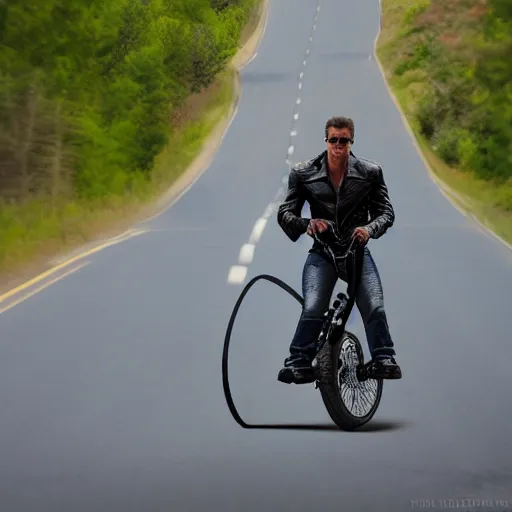 Prompt: terminator riding a unicycle down the highway, side profile, fast moving cars all around, photograph, 4 k