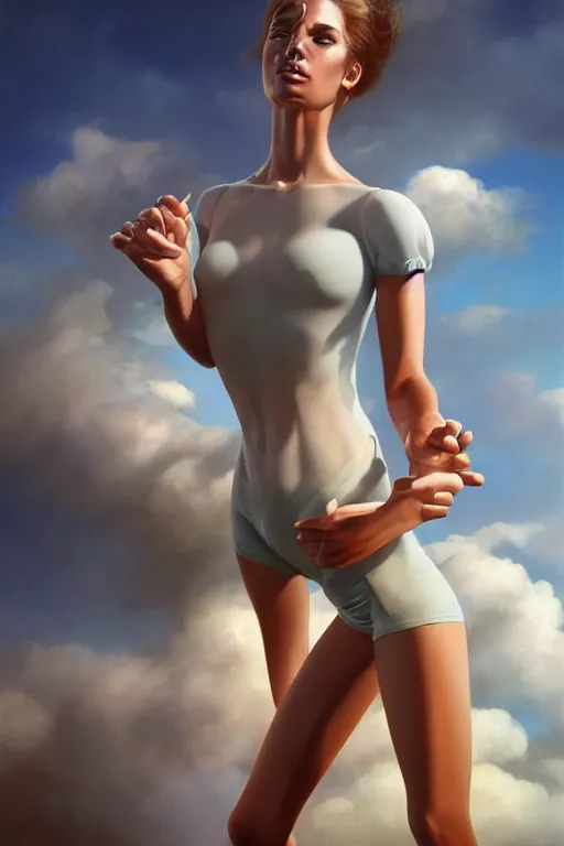 Image similar to ultra realistic portrait of a Abstract tech shirt and hotpants, realistic eyes, symmetric body features proportions, ultra intricate details, volumetric clouds, focus, award winning, unreal render, by Boris Vallejo