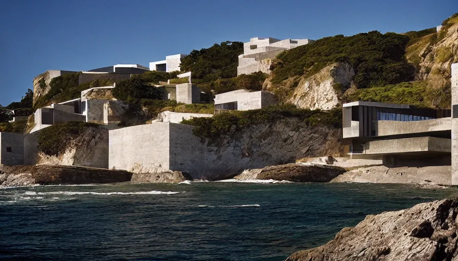 Image similar to coastal perched on a cliff overlooking a magnificient bay, big brutalism architecture on cliffs, drawing architecture, pritzker architecture prize, greig fraser