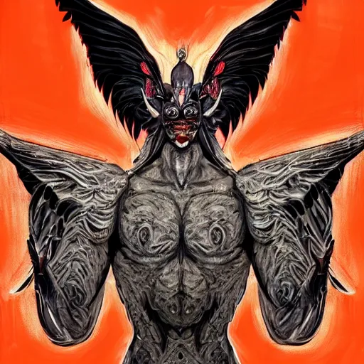 Image similar to 4K headshot of godlike mothman with defined arms and open hands and bloody clothes with giant mandala wings , intricate face , flawless anime cel animation by Kentaro Miura, psychedelic , highly detailed upper body , professionally post-processed , beautiful, scary, symmetry accurate features, epic, octane rendered, anime masterpiece, accurate