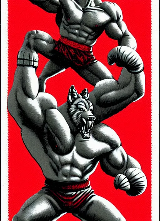 Image similar to 8 bit nes graphics. antropomorphic muscular masculine wolf. kickboxer fighter, in shorts. wolf head. fine details, very sharp, art from nes game cartridge, marc simonetti and hermann nitsch