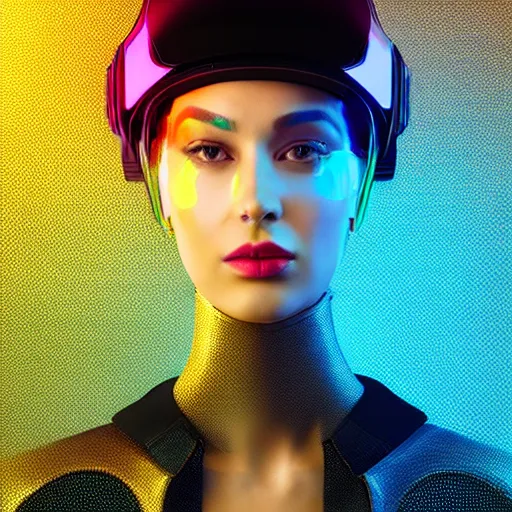 Image similar to portrait of a beautiful cyberpunk woman wearing a black leather jacket and a holographic visor. cyborg, sci - fi, stylish, colourful, digital painting, artstation, mood lighting, neon, vivid colour, sharp focus, reflections, film grain, depth of field