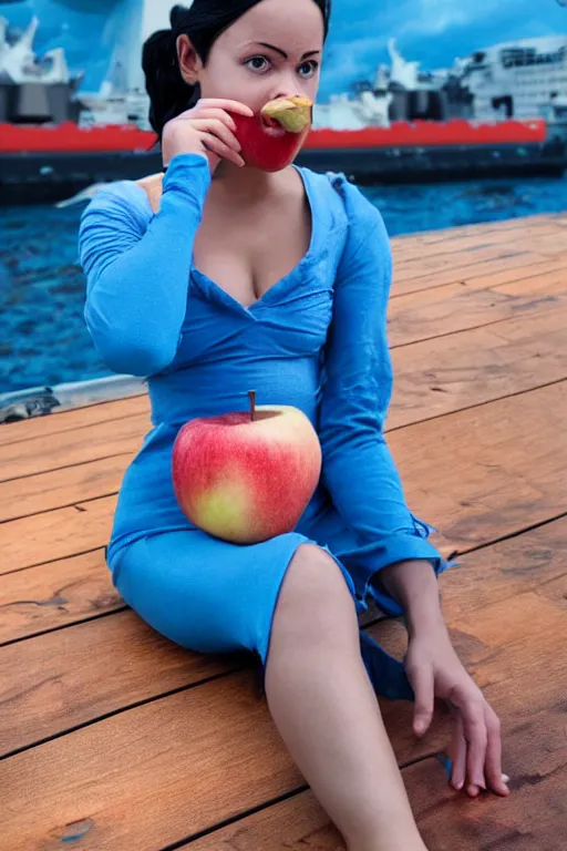 Image similar to close up of a blue skinned triton girl from dnd eating an apple and sitting on the deck of a ship, cosplay, high resolution film still, hdr color
